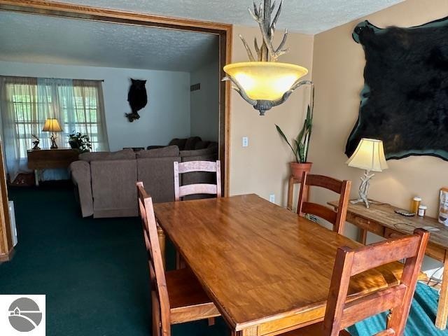 carpeted dining area with a textured ceiling