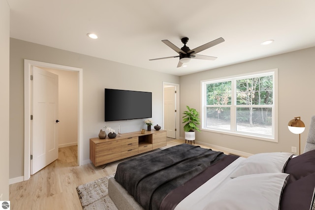 bedroom with baseboards, ceiling fan, recessed lighting, and light wood-style floors