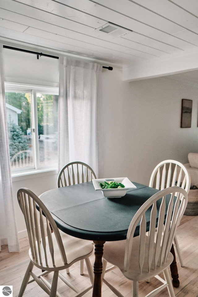 dining space featuring light wood-type flooring and wooden ceiling