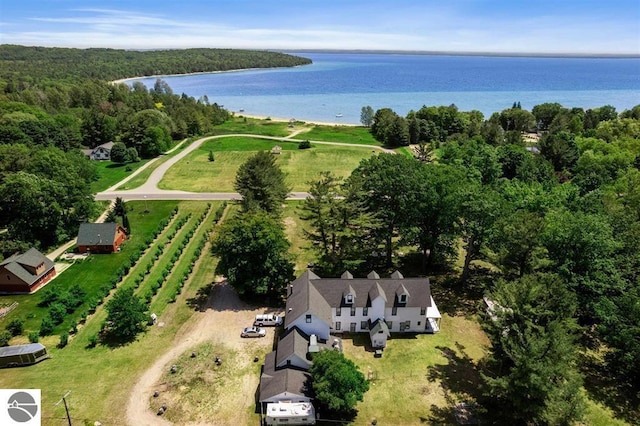 drone / aerial view with a water view