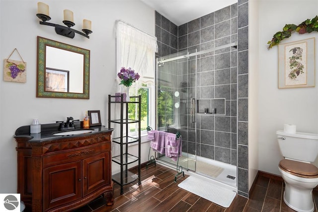 bathroom featuring a shower with shower door, toilet, and vanity