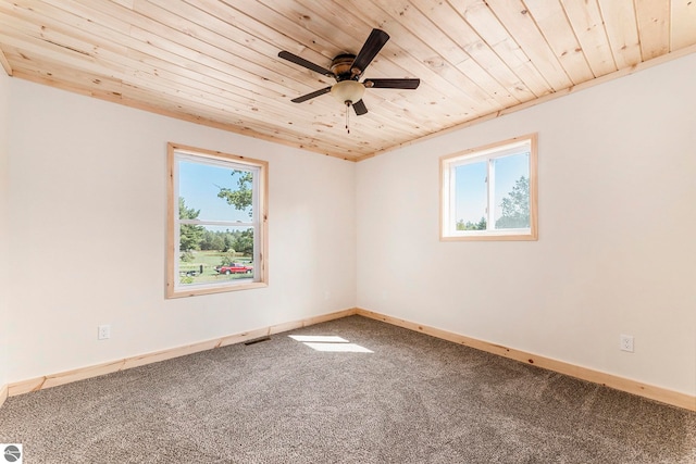 spare room featuring ceiling fan, wooden ceiling, and carpet floors