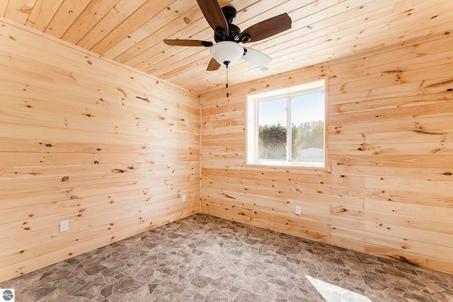 unfurnished room with ceiling fan, wooden walls, and wooden ceiling