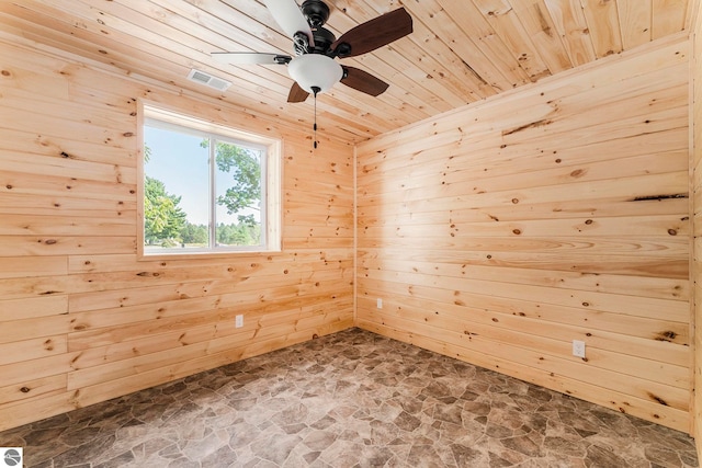 empty room with wood ceiling, ceiling fan, and wooden walls