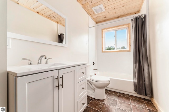 full bathroom with vanity, shower / bath combination with curtain, wood ceiling, tile patterned flooring, and toilet