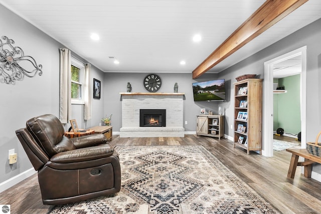 living room with a fireplace and hardwood / wood-style floors