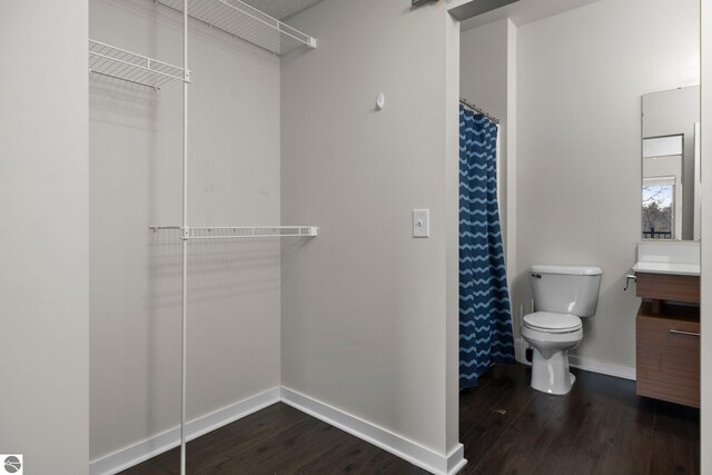 bathroom with vanity, toilet, and hardwood / wood-style floors