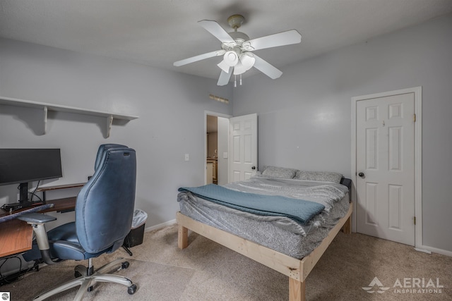 bedroom with ceiling fan and carpet floors