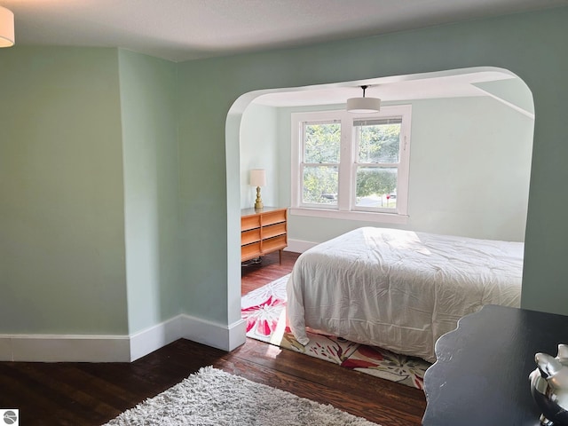 bedroom with dark hardwood / wood-style floors