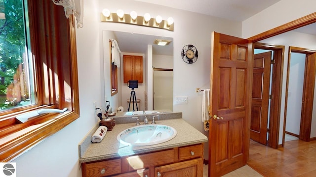 bathroom featuring vanity and hardwood / wood-style floors