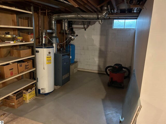 basement featuring gas water heater