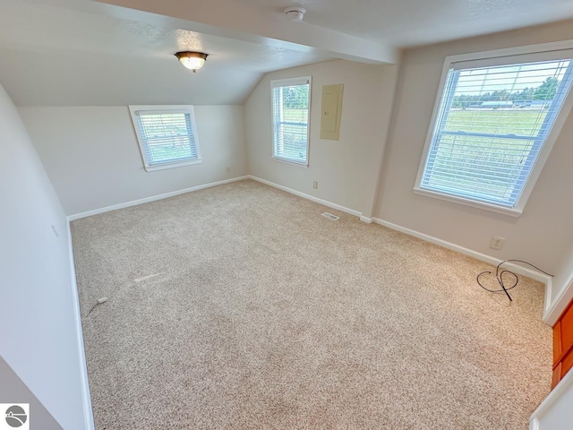 additional living space with a healthy amount of sunlight, vaulted ceiling, and light colored carpet