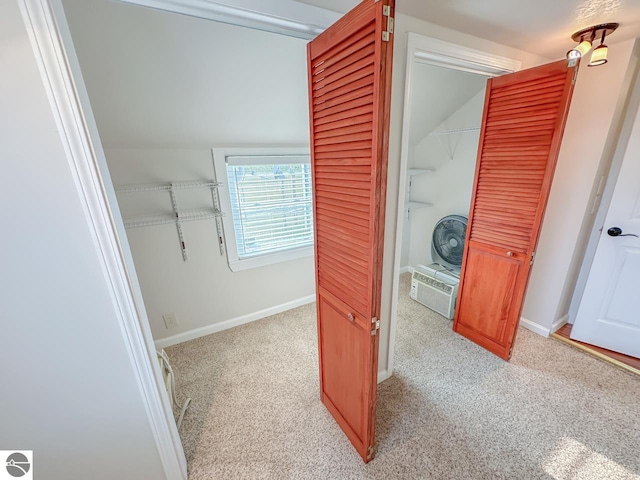 walk in closet featuring light carpet