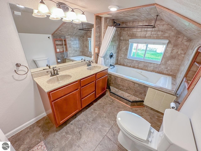 full bathroom featuring toilet, tile patterned flooring, vanity, lofted ceiling, and shower / tub combo with curtain