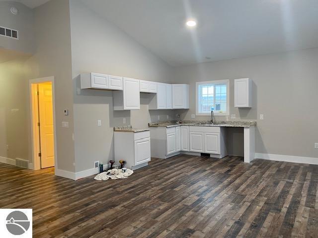 kitchen featuring white cabinets, dark wood-type flooring, and high vaulted ceiling