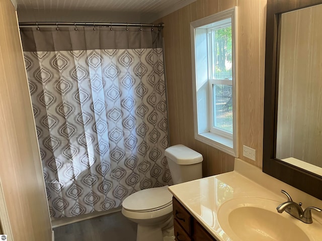 bathroom featuring a shower with curtain, vanity, toilet, and plenty of natural light