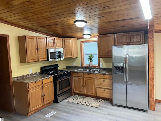 kitchen featuring light hardwood / wood-style flooring, stainless steel appliances, sink, wooden ceiling, and lofted ceiling