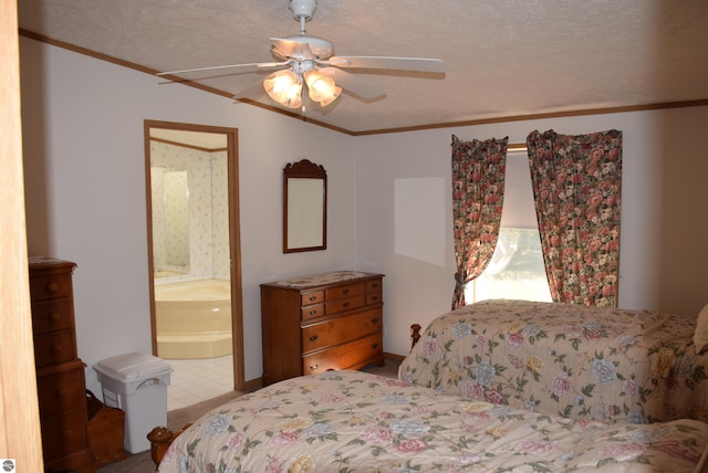 bedroom featuring ensuite bathroom, crown molding, a textured ceiling, and ceiling fan