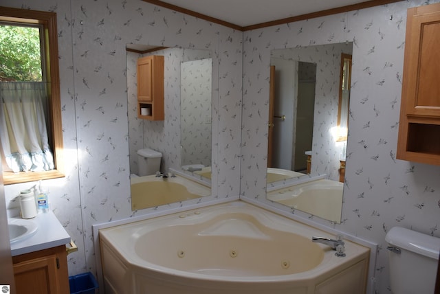 bathroom with vanity, ornamental molding, toilet, and a washtub