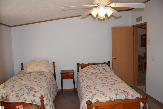 bedroom with ceiling fan, a textured ceiling, and lofted ceiling