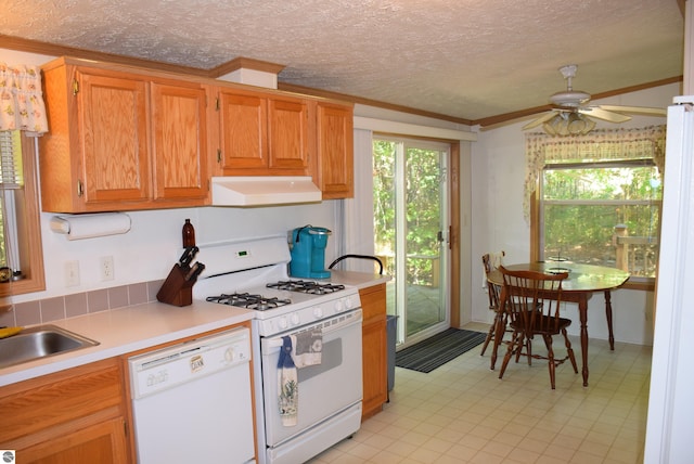 kitchen with ornamental molding, sink, a textured ceiling, white appliances, and ceiling fan