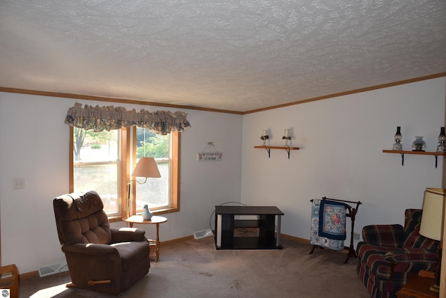 living area featuring ornamental molding, a textured ceiling, and carpet flooring