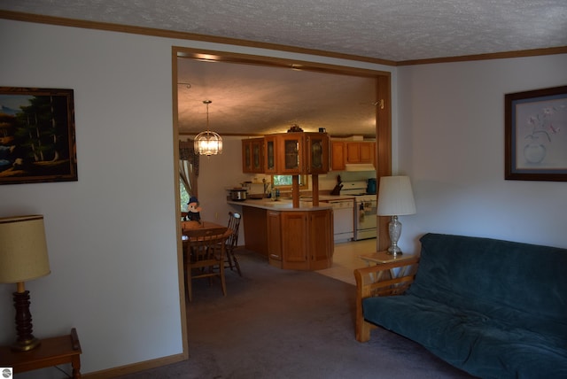 living room featuring ornamental molding, a textured ceiling, and light colored carpet