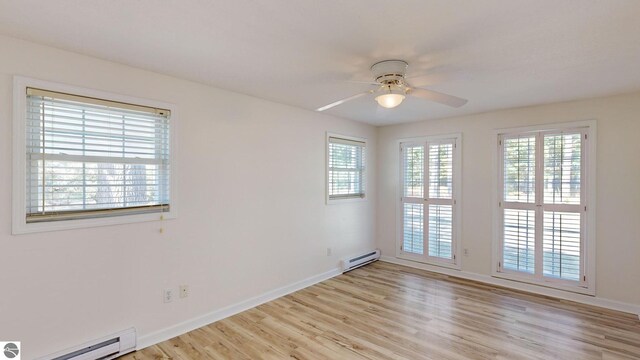 unfurnished living room with ceiling fan, beam ceiling, sink, a baseboard radiator, and light wood-type flooring