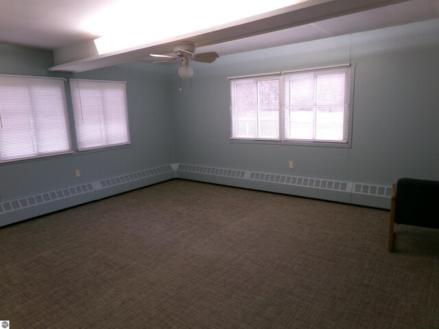 carpeted empty room featuring a baseboard radiator and ceiling fan