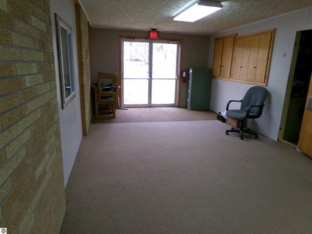 unfurnished office with a textured ceiling and light colored carpet