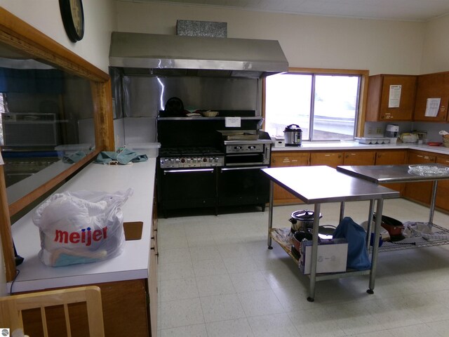 kitchen with wall chimney exhaust hood and high end stove