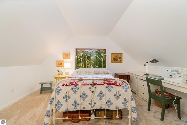 carpeted bedroom featuring lofted ceiling