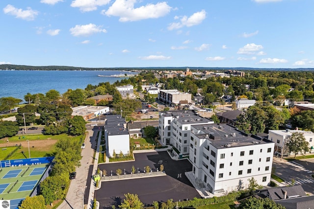 birds eye view of property featuring a water view