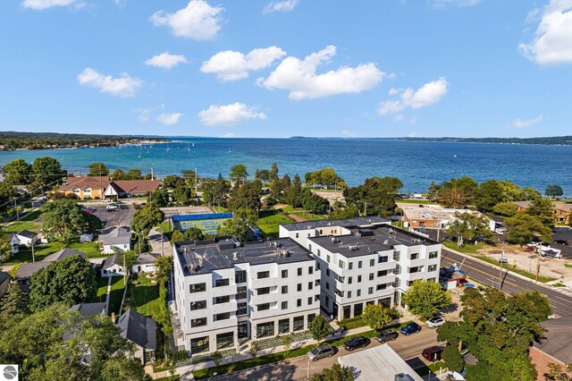 drone / aerial view featuring a water view