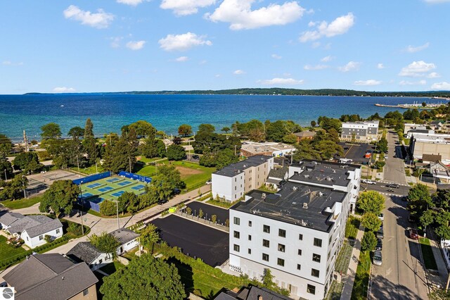 birds eye view of property featuring a water view