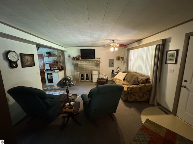 carpeted living room with a brick fireplace, electric panel, and ceiling fan