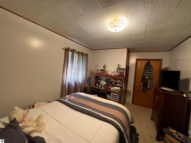 carpeted bedroom with a textured ceiling