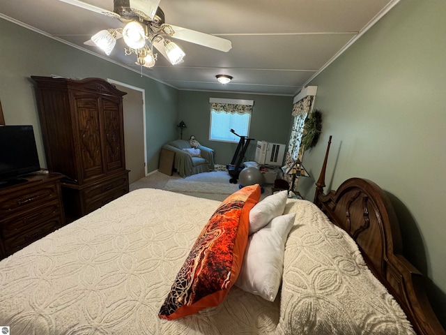 bedroom featuring ceiling fan and ornamental molding