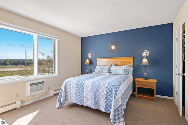 carpeted bedroom featuring a baseboard radiator, a wall unit AC, and multiple windows