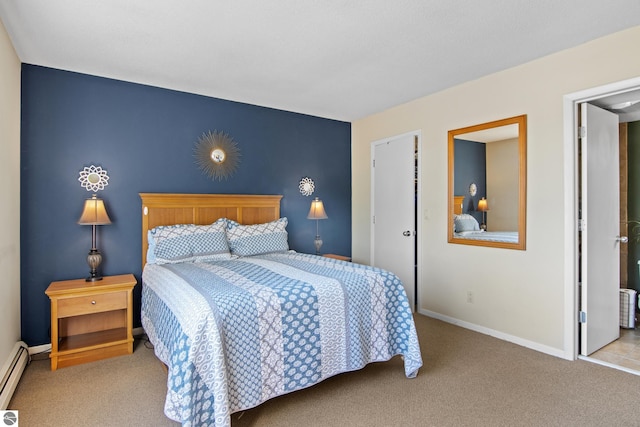 bedroom with light carpet and a baseboard radiator