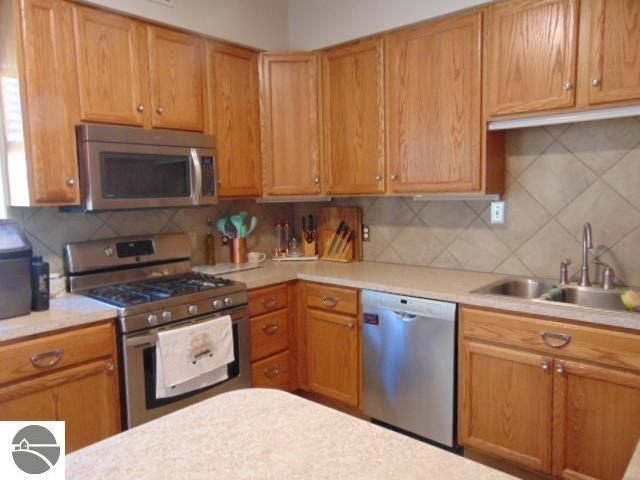 kitchen with backsplash, appliances with stainless steel finishes, and sink