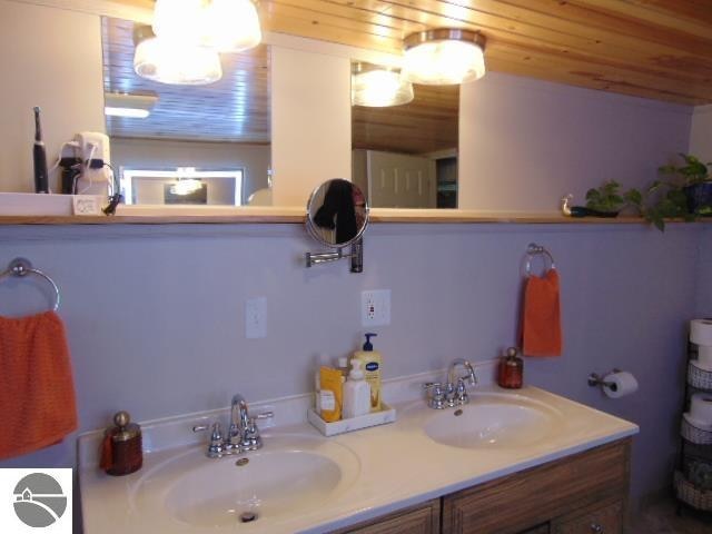 bathroom with wooden ceiling and vanity