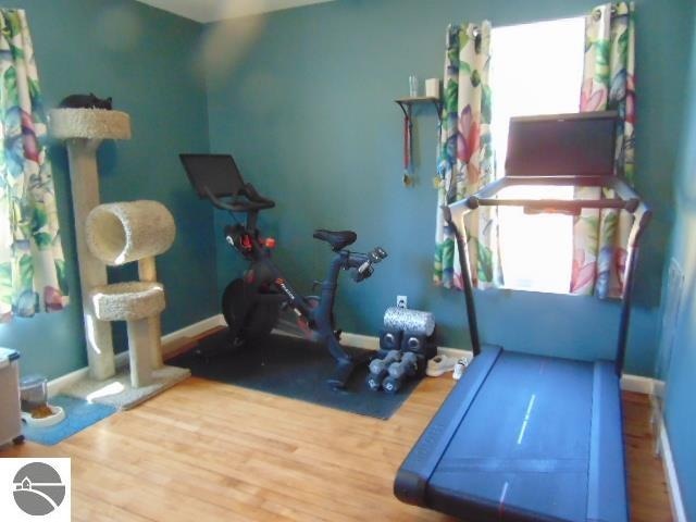 exercise room with wood-type flooring