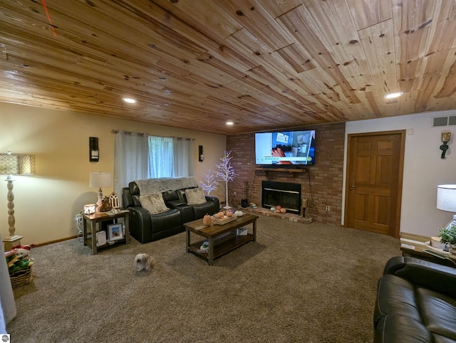 living room featuring wood ceiling, carpet flooring, and a brick fireplace