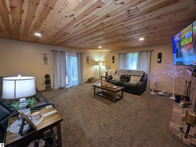 living room with carpet and wood ceiling