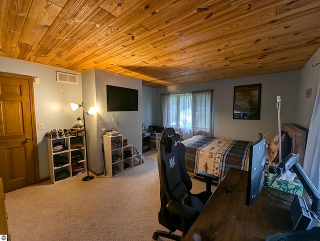 interior space with wood ceiling and carpet