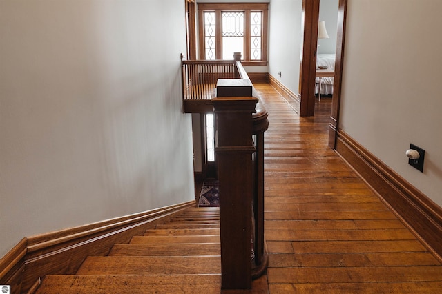 stairs with hardwood / wood-style flooring