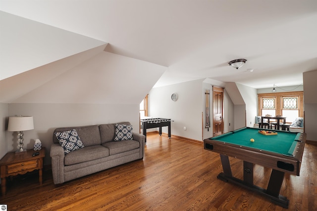 recreation room featuring vaulted ceiling, dark hardwood / wood-style floors, and pool table