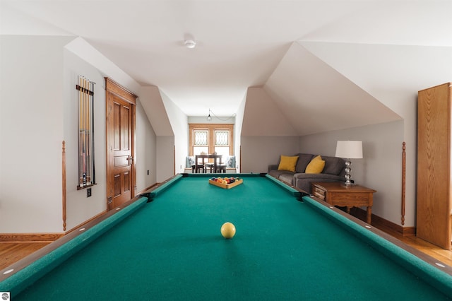 game room featuring carpet flooring, lofted ceiling, and billiards