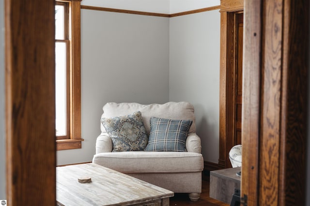 living area featuring wood-type flooring and ornamental molding